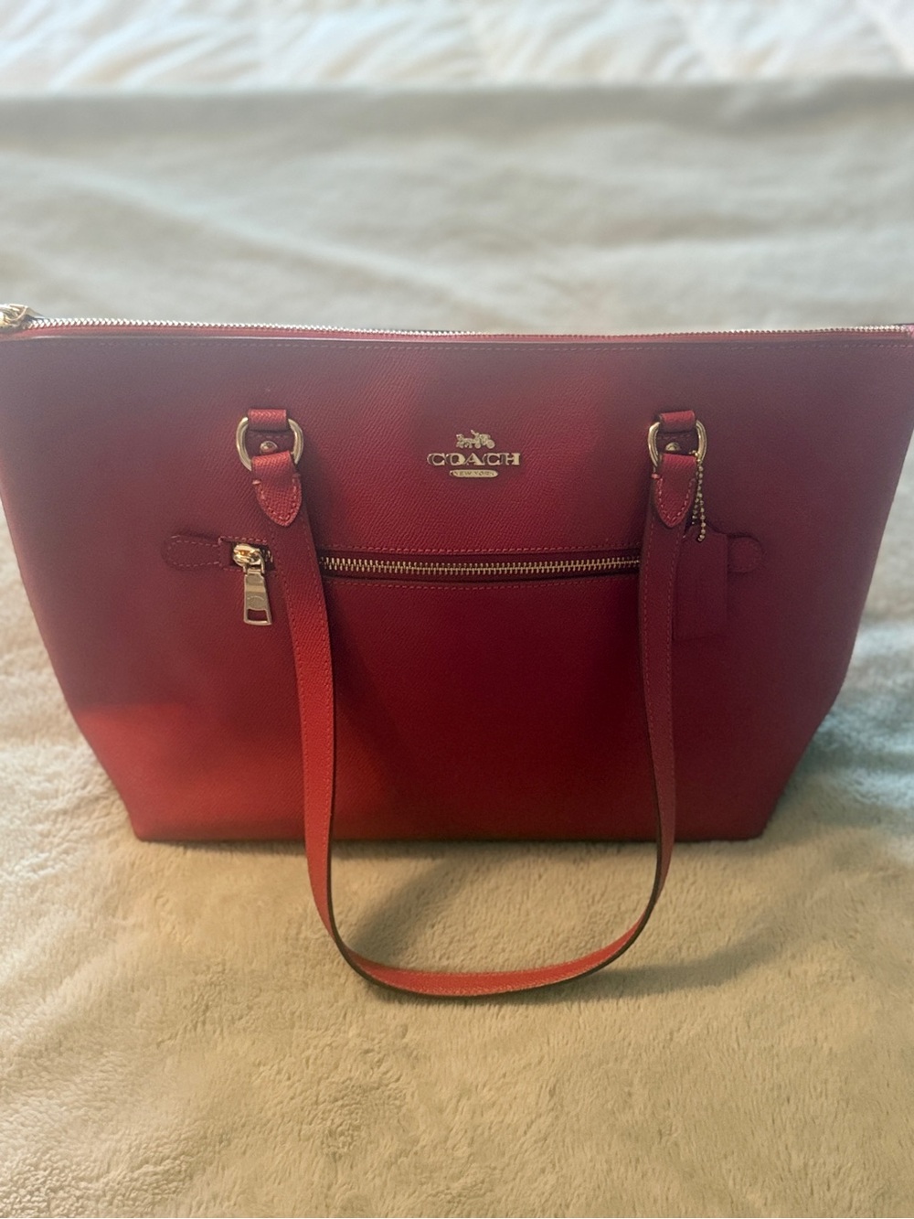 Coach Red Leather Zip-Top Tote with Front Zip Pocket